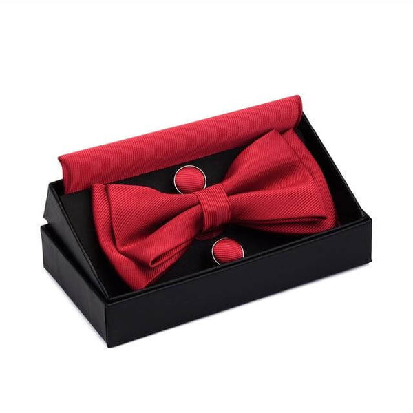 Get the perfect finishing touch for your outfit with this high-quality red bow tie and cufflink set. It comes with a pocket square and a stylish box. Shop at Drestiny now and enjoy free shipping. We'll even cover the tax! Don't miss out on this limited-time o