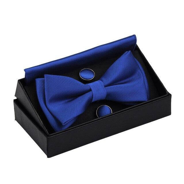 Get the perfect finishing touch for your outfit with this high-quality blue bow tie and cufflink set. It comes with a pocket square and a stylish box. Shop at Drestiny now and enjoy free shipping. We'll even cover the tax! Don't miss out on this limited-time o