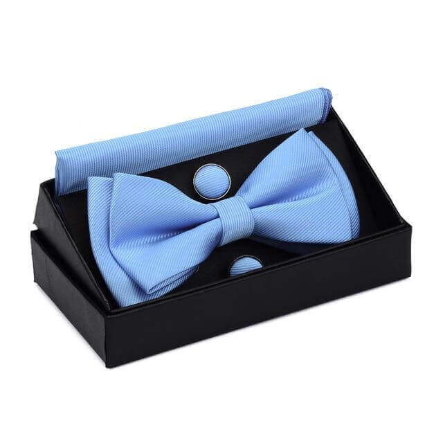 Get the perfect finishing touch for your outfit with this high-quality light blue bow tie and cufflink set. It comes with a pocket square and a stylish box. Shop at Drestiny now and enjoy free shipping. We'll even cover the tax! Don't miss out on this limited-time o