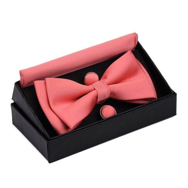 Get the perfect finishing touch for your outfit with this high-quality pink bow tie and cufflink set. It comes with a pocket square and a stylish box. Shop at Drestiny now and enjoy free shipping. We'll even cover the tax! Don't miss out on this limited-time o