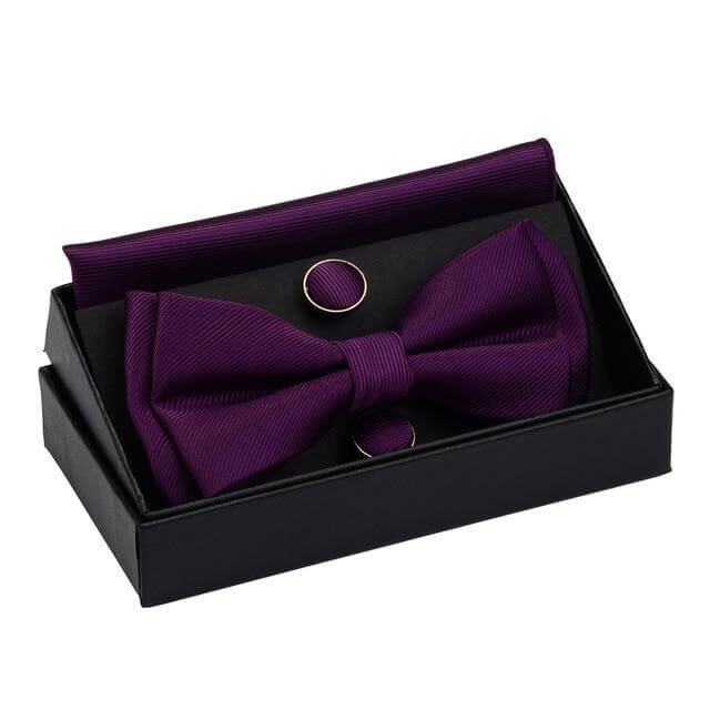 Get the perfect finishing touch for your outfit with this high-quality purple bow tie and cufflink set. It comes with a pocket square and a stylish box. Shop at Drestiny now and enjoy free shipping. We'll even cover the tax! Don't miss out on this limited-time o