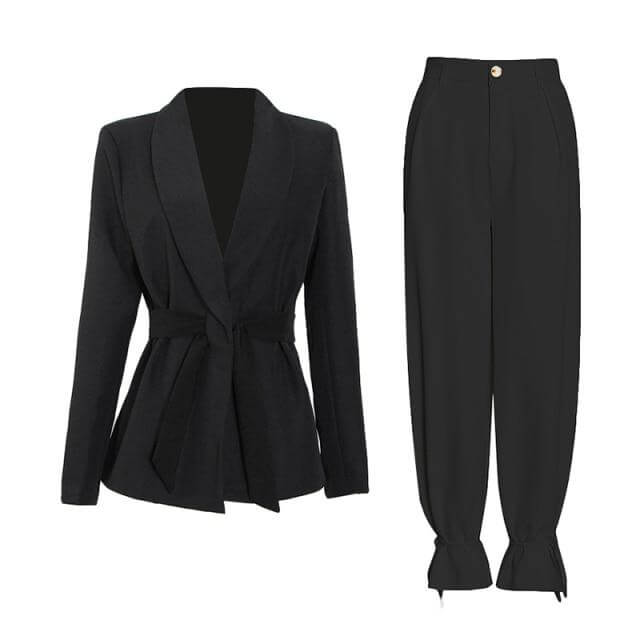Women's Belted Blazer + High Waist Pants Set - Drestiny