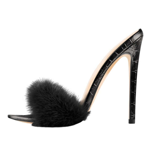 Women's Peep Toe Fur Slip On Heels